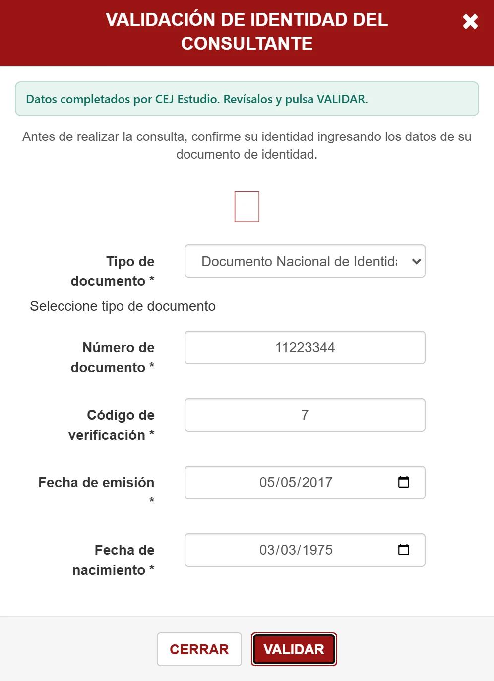 Ventana de validación de identidad del CEJ completada con un documento de ejemplo, lista para que la persona revise y pulse VALIDAR.